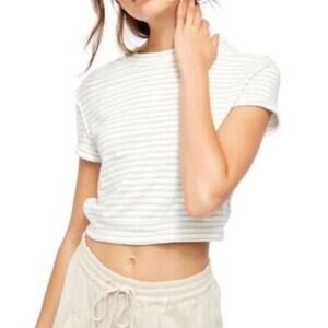 Free People White Striped Cotton Short Sleeve Crew Neck Crop Top